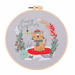 Cat Shape DIY Christmas Theme Embroidery Kits, Including Printed Cotton Fabric, Embroidery Thread & Needles, Plastic Embroidery Hoop, Cat Shape, 200x200mm