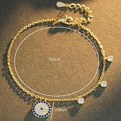 Doré  925 Bracelets en argent sterling sertis de micro-pavés de zirconiums cubiques bleus avec breloque œil protecteur pour hommes et femmes, or, 7.68 pouce (19.5 cm)