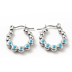 Темно-Голубой 304 серьги-кольца с круглыми бусинами из нержавеющей стали с эмалью для женщин, цвет нержавеющей стали, глубокое синее небо, 18x17x3 мм, штифты : 0.8 мм