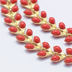 Red Brass Handmade Chains, Unwelded, with Enameled Cobs, Long-Lasting Plated, Leaf, Real 18K Gold Plated, Red, 6.5x6x0.5mm