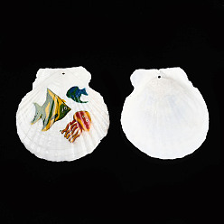 Other Animal Printed Natural Freshwater Shell Big Pendants, Shell Charm, Green, Sea Animals, 55~75x52~70x6~8mm, Hole: 1.4mm
