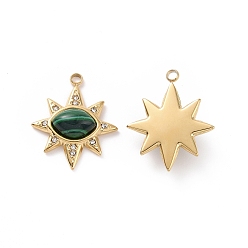 Malachite Synthetic Malachite Pendants, with Ion Plating(IP) Real 18K Gold Plated 304 Stainless Steel Micro Pave Cubic Zirconia Findings, Star Charm, 22x18.5x5mm, Hole: 1.8mm