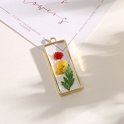 Rectangle Inner Dried Flower Resin Pendants, with Alloy Finding, Rectangle, 48x19mm