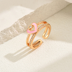 Настоящее золото 18K Модные милые латунные кольца-манжеты из кубического циркония, эмалевые кольца в форме сердца для женщин, реальный 18 k позолоченный, внутренний диаметр: 16~19 мм