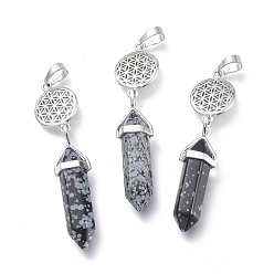 Snowflake Obsidian Natural Snowflake Obsidian Pointed Big Pendants, with Platinum Plated Brass Findings, Faceted, Bullet & Flower of Life, 59~67x14~15mm, Hole: 7x5mm