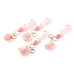 Pink Star & Candy & Bear & Spuare Acrylic Pendant Keychain, with Light Gold Tone Alloy Lobster Claw Clasps, Iron Key Ring and PVC Plastic Tape, Pink, 18cm