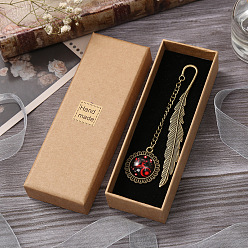 Crimson Alloy Feather Shape Bookmark, with Long Chain & Flat Round Pendant, Constellation Pattern, Crimson, 115mm