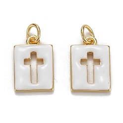 White Brass Enamel Charms, Real 18K Gold Plated, Long-Lasting Plated, Rectangle with Cross, White, 14.5x9.5x2mm, Hole: 3mm, Jump Ring: 5x0.8mm