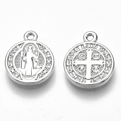 Real Platinum Plated Brass Charms, for Religion, Nickel Free, Flat Round with Saint Benedict Medal, Real Platinum Plated, 13x10.5x1.5mm, Hole: 1mm