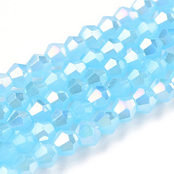 Светло-Голубой Имитация нефрита гальванических бисер пряди, с покрытием AB цвета, граненые, двухконусные, Небесно-голубой, 2.9~3.3x2.5 мм, отверстие : 0.7 мм, около 135~140 шт / нитка, 38~40 см