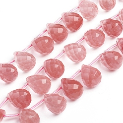 Cherry Quartz Glass Cherry Quartz Glass Beads Strands, Top Drilled Beads, Teardrop, Faceted, 15.6~16.3x11~11.8mm, Hole: 0.7mm, about 24 pcs/strand, 14.37 inch(36.5cm)