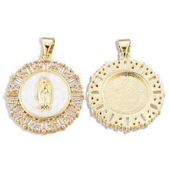 White Brass Micro Pave Clear Cubic Zirconia Pendants, with Enamel and Shell, Real 18K Gold Plated, Nickel Free, Flat Round with Virgin Mary, White, 23.5x21x4mm, Hole: 3x4mm
