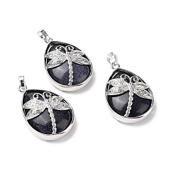 Blue Goldstone Synthetic Blue Goldstone Pendants, with Platinum Tone Brass Findings, Lead Free & Cadmium Free, Teardrop with Dragonfly Charms, 40~40.5x26~26.5x9~9.5mm, Hole: 5x7mm
