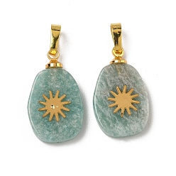 Амазонит Природные подвески амазонит, плоские овальные подвески золотистого оттенка 304 солнечные пластины из нержавеющей стали и латунные застежки-кнопки, 19~20.5x12~12.3x3.5~4 мм, отверстие : 6x3 мм