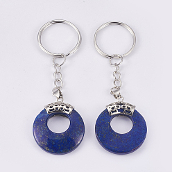 Lapis Lazuli Natural Lapis Lazuli Keychain, with Platinum Plated Iron Key Rings and Brass Findings, Dyed, Flat Round, 84mm