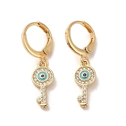 Turquoise Key with Evil Eye Real 18K Gold Plated Brass Dangle Leverback Earrings, with Enamel and Cubic Zirconia, Turquoise, 29.5x7mm