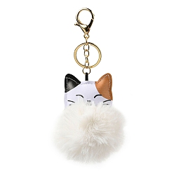 White Imitation Rex Rabbit Fur Ball & PU Leather Cat Pendant Keychain, with Alloy Clasp, for Bag Car Pendant Decoration, White, 16cm