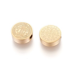 Real 18K Gold Plated Stainless Steel Beads, Flat Round with Saint Benedict Medal, Real 18K Gold Plated, 9x3mm, Hole: 1.6mm
