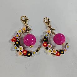 Верблюжий 2шт. акриловые и смоляные искусственные жемчужины и сплавные подвесные украшения, луна с цветком, Сплав с застежками когтя омара, верблюжие, 59 мм