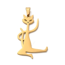 Real 18K Gold Plated 304 Stainless Steel Pendants, Laser Cut, Kung Fu Cat Charm, Real 18K Gold Plated, 34x21x1mm, Hole: 6x3mm