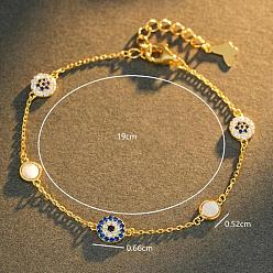 Golden 925 Sterling Silver Micro Pave Cubic Zirconia Blue Evil Eye Link Bracelets for Men Women, Golden, 7.48 inch(19cm)
