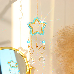 Cyan Star Quartz Crystal Dyed Hanging Suncatcher Pendant Decoration, Crystal Ceiling Chandelier Ball Prism Pendants, with Brass & Iron Findings, Cyan, 300mm