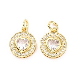 Прозрачный Латунные микро проложить кубического циркония подвески, с прыжковых колец, долговечный, без кадмия и без свинца, золотой свет, плоско-круглые с сердцем, прозрачные, 15.5x13x4 мм