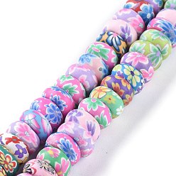 Colorful Handmade Flower Printed Polymer Clay Beads Strands, Rondelle, Colorful, 11~12.7x5.8~6.2mm, Hole: 1.4mm, about 56pcs/Strand, 12.60''(32cm)