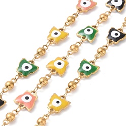 Colorful Ion Plating(IP) Enamel Butterfly with Evil Eye Link Chains, with Gold Plated 304 Stainless Steel Findings, Unwelded, with Spool, Colorful, 10x8.5x2mm, 8.5x4x3.5mm