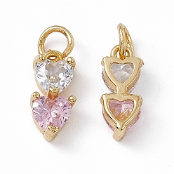 Pearl Pink Rack Plating Brass Cubic Zirconia Charms, Double Heart Charm, with Jump Ring, Long-Lasting Plated, Golden, Lead Free & Cadmium Free, Pearl Pink, 12.5x5.5x4mm, Hole: 3.5mm