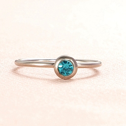 Cyan Glass Birthstone Style Diamond Finger Ring, Stainless Steel Ring, Cyan, Inner Diameter: 16.8mm