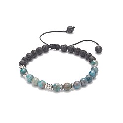 Apatite Natural Apatite & Lava Rock Braided Bead Bracelet, Essential Oil Gemstone Yoga Jewelry for Women, Inner Diameter: 2-1/8~3-1/2 inch(5.4~9.1cm)