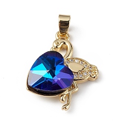 Розовато-лиловый Настоящие позолоченные подвески из латуни с микропаве из прозрачного кубического циркония, со стеклом, долговечный, без кадмия и без свинца, фламинго с сердечком, розовато-лиловый, 18 мм, отверстие : 24x19x8 мм