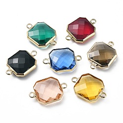 Mixed Color Brass Pave K9 Glass Connector Charms, Faceted Octagon Links, Light Gold, Mixed Color, 14.5x21x5mm, Hole: 2.5mm