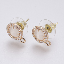 White Faceted Glass Stud Earring Findings, with Loop, Brass Micro Pave Cubic Zirconia Findings, Flat Round, Light Gold, White, 12x9x4mm, Hole: 1.2mm, Pin: 0.8mm