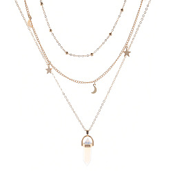 crystal gold Minimalist Double-layer Moon and Star Choker Necklace - Beaded Clavicle Chain