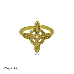 Cross Bagues ouvertes en laiton micro pavé de zircones cubiques transparentes, or, croix, 15~20mm