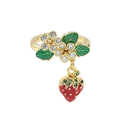 Клубника Латунные микро проложить манжеты кольца кубического циркония, с эмалью для женщин, без кадмия и без свинца, стойки покрытие, реальный 18 k позолоченный, клубника, 2~25 мм, размер США 7 (17.3 мм)