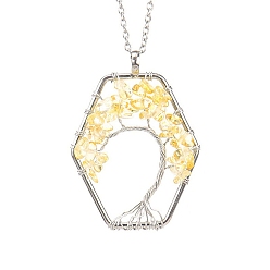 Citrine Natural Citrine Chips Beaded Hexagon with Tree Pendant Necklaces, with Platinum Brass Chains, 20.87 inch(53cm)