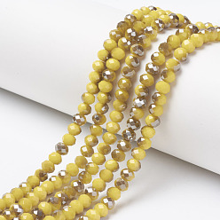Gold Electroplate Opaque Glass Beads Strands, Half Gray Plated, Faceted, Rondelle, Gold, 4x3mm, Hole: 0.4mm, about 123~127pcs/strand, 16.5~16.9 inch(42~43cm)