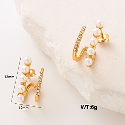 Золотой Двухслойные серьги-гвоздики из нержавеющей стали, с искусственным жемчугом и прозрачным кубическим цирконием, золотые, 12x10 мм