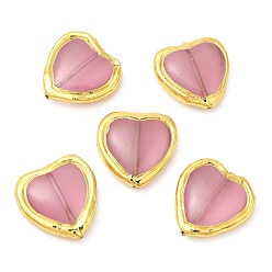 Pink Cat Eye Beads, with Long-Lasting Plated Brass Findings, Heart, Pink, 24.5x23~23.5x7.5mm, Hole: 0.9mm