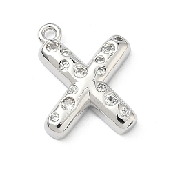 Letter X Латунные микропаве прозрачные подвески с фианитом, без кадмия и без свинца, долговечный, стойки покрытие, платина, Письмо X, 21.5x16x4 мм, отверстие : 1.8 мм
