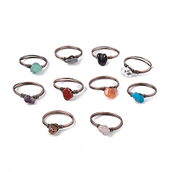 Mixed Stone Natural Mixed Gemstone Chips Finger Ring, Red Copper Brass Wire Wrap Jewelry for Women, Inner Diameter: 18mm