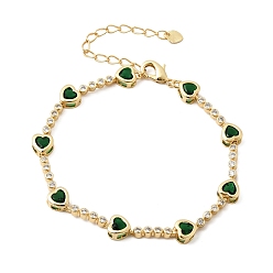Зеленый Браслеты-цепочки из латуни в форме сердца с микропаве из кубического циркония для женщин, стойки покрытие, долговечный, реальный 18 k позолоченный, зелёные, 7.32 дюйм (18.6 см)