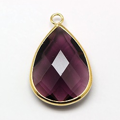Purple Golden Tone Brass Glass Teardrop Pendants, Faceted, Purple, 18x10x5mm, Hole: 2mm