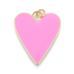 Pink Латунь эмаль подвески, реальный 18 k позолоченный, долговечный, сердце, розовые, 27x22x2 мм, отверстие: 3 мм, переходные кольца: 5x1 мм