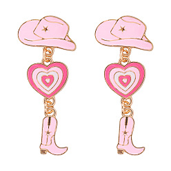 Pink Western Cowboy Hat and Boots Heart-shaped Alloy Oil Drop Earrings Women's Jewelry