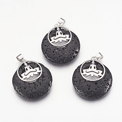 Lava Rock Natural Lava Rock Pendants, with Platinum Tone Brass Findings, Flat Round with Buddha, Dyed, 32x28x7mm, Hole: 4x5mm