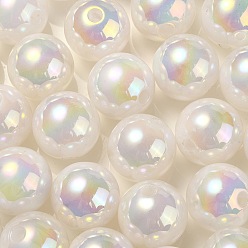 White UV Plating Rainbow Iridescent Acrylic Beads, Round, White, 13.5x13mm, Hole: 3mm
